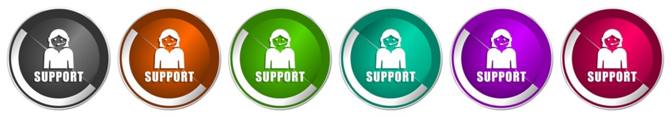 Support icon set, silver metallic chrome border vector web buttons in 6 colors options for webdesign
