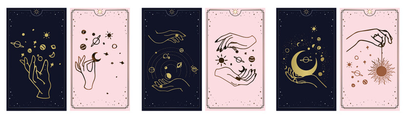 cosmos stars created by the hands of God, Golden Tarot card golden and pink with black. Magical occult tarot card set. Engraving vector illustration. Cards isolated on white background for poster, sti - obrazy, fototapety, plakaty