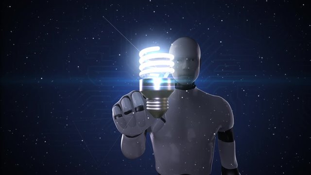 Robot, cyborg touches eco bulb, symbolizing green energy, 4k animation.1.