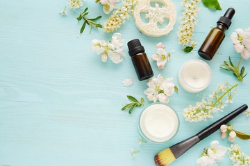 Skin care products flat lay composition with spring flowers on blue background, space for text.