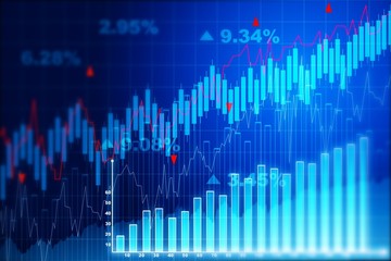Growing financial chart with candlesticks on a blue background. Forex and trading concept. 3D Rendering