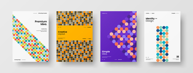 Fototapeta premium Company identity brochure template collection. Business presentation vector A4 vertical orientation front page mock up set. Corporate report cover abstract geometric illustration design layout bundle.
