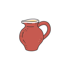 Clay brown pitcher or jug cartoon icon, sketch vector illustration isolated.