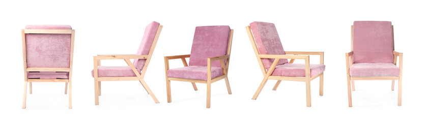 Collage with modern comfortable armchair on white background