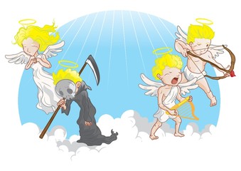 angel with grim reaper and cupid
