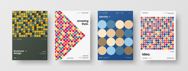 Fototapeta premium Company identity brochure template collection. Business presentation vector A4 vertical orientation front page mock up set. Corporate report cover abstract geometric illustration design layout bundle.