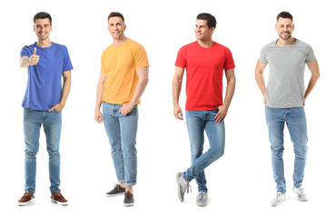 Different men in stylish t-shirts on white background