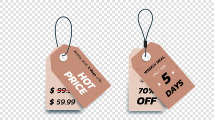 Realistic Carton Hanging Sale Tags. Set Of Isolated Vector Paper Sale Labels. Christmas Sale Tags. Vector Design Elements
