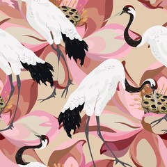 Abstract illustration of a white red-headed crane on a background of pink and cream lotuses. Seamless vector floral pattern. Simple square repeating design for fabric and wallpaper