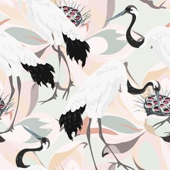 Abstract illustration of a white red-headed crane on a background of pink and cream lotuses. Seamless vector floral pattern. Simple square repeating design for fabric and wallpaper