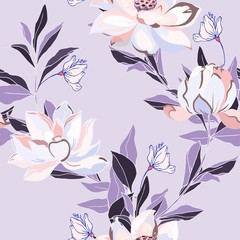 Abstract illustration of flowers and leaves on a cream, light sage green color background. Seamless vector floral pattern. Simple square repeating design for fabric and wallpaper
