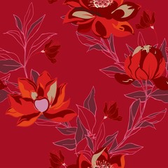 Abstract illustration of flowers and leaves on a cream, light sage green color background. Seamless vector floral pattern. Simple square repeating design for fabric and wallpaper