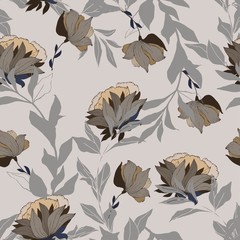 Abstract illustration of flowers on a cream, light sage color background. Seamless vector floral pattern. Simple square repeating design for fabric and wallpaper