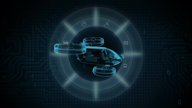 Rotating autonomous drone taxi, Drone plane with various Internet of Things icon, x-ray version,4k animation.