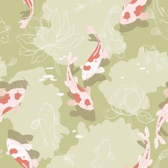 Red koi carps in green water, among graphic lotuses on a beige background. Vector seamless pattern with flowers and fish. Repeating square design for fabric and wallpaper