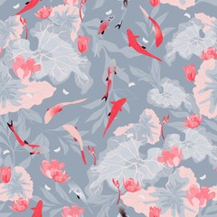 Fototapeta premium Pink flowers and green leaves of lotuses, koi carps in light blue water. Seamless hand-drawn vector illustration with a pond. Square repeating design for fabric and wallpaper