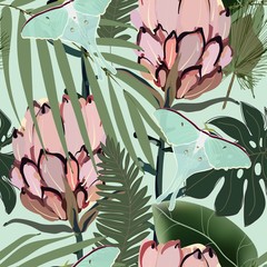Drawing of a pink protea flower in pale green palm leaves on a light sage color background. Seamless vector floral pattern. Simple square repeating design for fabric and wallpaper