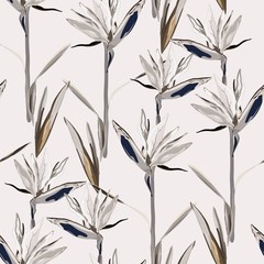 Drawing of a yellow Strelitzia flower on a cream, light beige background. Seamless vector floral pattern. Simple square repeating design for fabric and wallpaper