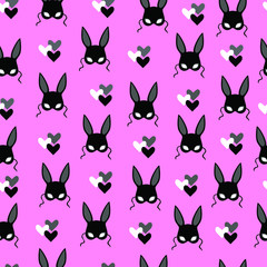 Seamless background - mask rabbit. vulgar mask pattern, vulgar print. sexy rabbit mask on a pink background with hearts. sexy bunny print, vulgar toys pattern, bdsm pattern, print