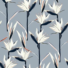 Drawing of a yellow Strelitzia flower on a cream, light beige background. Seamless vector floral pattern. Simple square repeating design for fabric and wallpaper