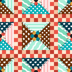 Obraz premium Vector seamless endless pattern, abstract tribal style textile, texture. Quilt with imitation of sewing, stitched patches. Abstract design, perfect for fabric, background, wallpaper, folk ornament