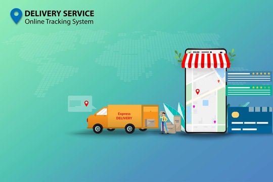 Concept of delivery service, tiny business man preparing the shipment and standing near a big screen of smartphone that contain map and GPS to track the shipment and to deliver the goods to customers.
