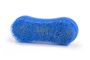 Blue cat or dog plastic brush with pet hair stuck in it isolated on white background