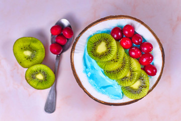 Top view of fruit smoothie bowl in coconut shell naturally dyed with blue spirulina powder and topped with cranberries and kiwi fruits