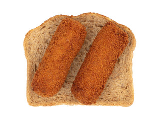 Brown crusty dutch kroketten on a piece of bread