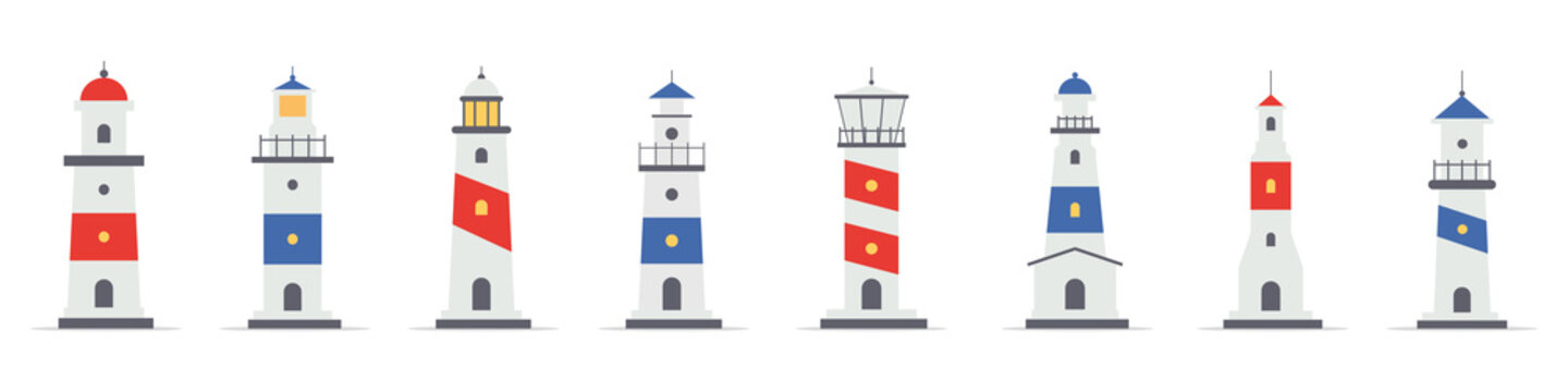 Set of lighthouses. Lighting path. Flat style. Vector illustration
