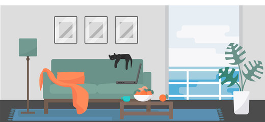 Minimalistic room interior with sea view: green couch with orange plaid, laptop, dreaming cat, coffee table with oranges, and a balcony. Work and relax balance concept. Flat style vector illustration.