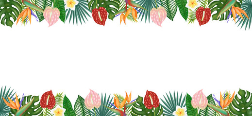 Hand drawn digital illustration of tropical leaves and flowers.  Botanical tropical elements frame with copy space. Tropical frame banner for invitation, prints, gifts. Tropical banner.
