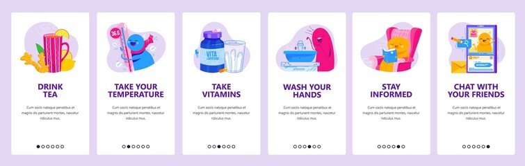 Self isolation advices website and mobile app onboarding screens vector template