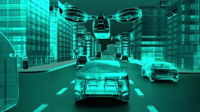 Autonomous car through the city center roads with flying Drone taxi. x- ray version, 4k animation.