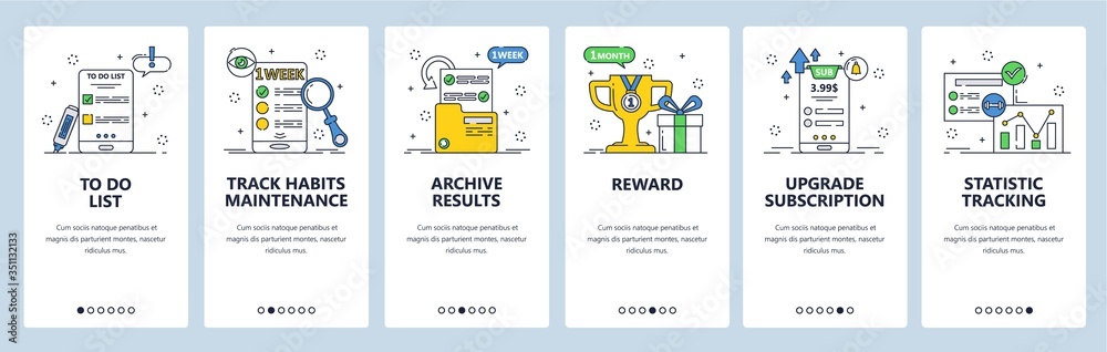 Wall mural habit tracking website and mobile app onboarding screens vector template