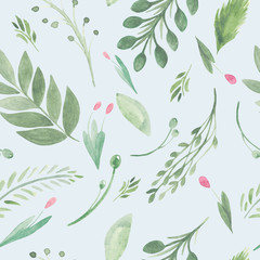 Seamless pattern of flowers greenery berries rustic style Watercolor illustration summer pattern on a white background