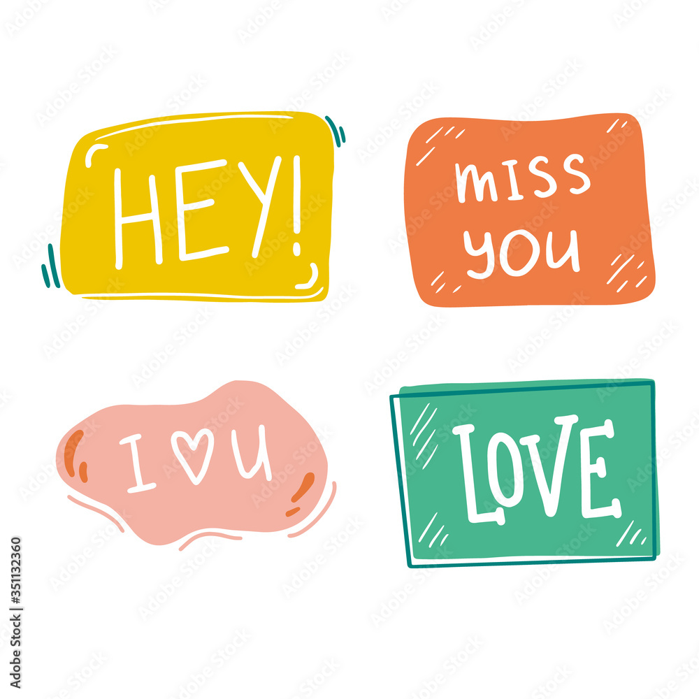 Poster Hand drawn set of speech bubbles with dialog text. Comic doodle sketch style. Text and speech balloon element of color. Vector illustration for icon design.
