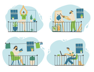 Set of people character on the quarantine. Stay home, social distance, online work, postive rest, yoga, book reading, coronavirus protect concept design. Flat design people. Vector illustration.