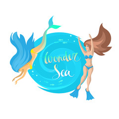 Vector image of a round blue frame under the text with the inscription Wonder sea, a mermaid and a girl in a swimsuit around the edges