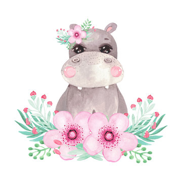 Cute Hippo in a wreath of flowers Poster for children's room, baby shower, wall art. Botanical arrangement