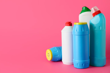 Set of cleaning supplies on color background