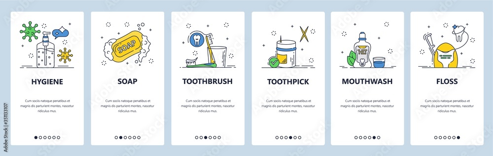 Poster personal hygiene website and mobile app onboarding screens vector template