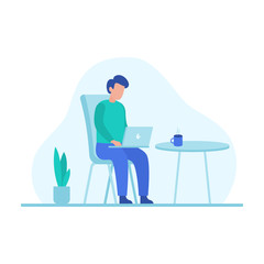 Man working with computer laptop on his thigh lap for work from home pandemic effect vector flat illustration with cup coffee on table and leaf plant decoration