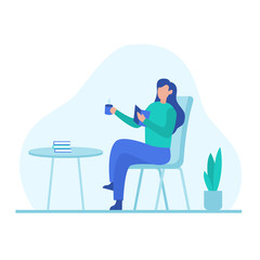 Woman reading book and drink coffee for home activity during pandemic effect vector flat illustration