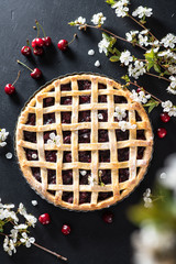 cherry pie on black background, near the berries and flowering branches of cherries, view from above. 