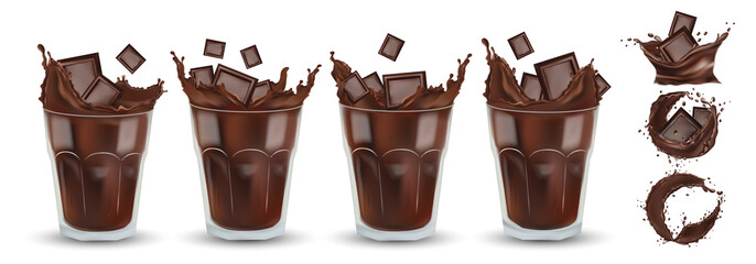 Realistic chocolate splash in the white glass with pieces chocolate. Big collection cocoa or coffee. Splashing dark chocolate. Hot chocolate, drink, cocktail. Icon set.3d illustration.