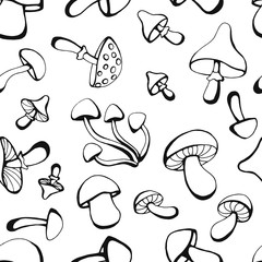 Seamless pattern with mushrooms. Hand drawn vector illustration in sketch style. Perfect for greetings, invitations, coloring books, textile, wedding and web design.