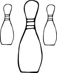 Vector illustration of a Doodle-style bowling pin. Concept of family games, sports, competitions. Black outline on a white background.