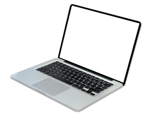Side view of laptop computer with blank white screen display. Aluminum material body laptop with slim design - isolated on white background