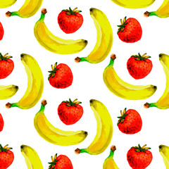 Watercolor seamless pattern with strawberries and bananas. Hand drawn tropical design.  summer fruit illustration.